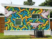 Travis Love & Ross Boone<br/>2020 - 2022<br/><span style= "font-size: 6pt">33.711603460071395, -84.39366425833937</span> Street Art Mural formerly in Southeast Atlanta by Travis Love & Ross Boone featuring a squiggle pattern and birds