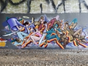 Mr. Totem 2<br/>2020 - 2023<br/><span style= "font-size: 6pt">33.80898567517824, -84.3777415995974</span> Graffiti Piece formerly on the BeltLine in Buckhead Atlanta by Mr. Totem 2 featuring people with weapons