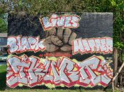 Ikura<br/>2020 - 2024<br/><span style= "font-size: 6pt">33.75231199880996, -84.36868962276547</span> Graffiti piece formerly in Old Fourth Ward Atlanta by Ikura featuring a fist and "Black Lives Matter"