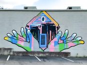 Perer Ferrari & William Mize<br/>2016 - 2025<br/><span style= "font-size: 6pt">33.81132569786001, -84.37618895267427</span> Street Art Mural formerly in Buckhead Atlanta by Peter Ferrari and William Mize featuring hands and a house.