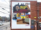 Fabian Williams<br/>2020 - 2021<br/><span style= "font-size: 6pt">33.754404930878685, -84.37162032287351</span> Street Art Mural formerly in Old Fourth Ward Atlanta by Fabian Williams featuring "never stop" and several composite images