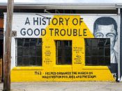 Chozen<br/>2020 - 2023<br/><span style= "font-size: 6pt">33.75674788337013, -84.3642984453448</span> Street Art Mural formerly in Inman Park Atlanta by Chozen featuring the history of John Lewis