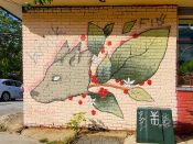 Aliya Smith<br/>2017 - 2020<br/><span style= "font-size: 6pt">33.750064, -84.354680</span> Street Art Mural formerly in Reynoldstown, Atlanta by Aliya Smith featuring a dog and leaves