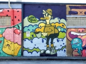 Oofster (Pierre Cerrato)<br/>2020 - 2024<br/><span style= "font-size: 6pt">33.74385155402438,-84.43868146097657</span> Street Art Mural formerly in Westview Atlanta by Oofster (Pierre Cerrato) featuring an anthropomorphic duck with a coffee cup