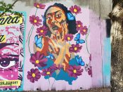 Erica Chisolm<br/>2020 - 2024<br/><span style= "font-size: 6pt">33.75101031984148, -84.36758619660526</span> Street Art Mural formerly in Cabbagetown Atlanta by Erica Chisolm featuring a face and flowers in Cabbagetown Atlanta