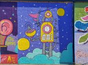 Pam Peacock<br/>2020 - 2024<br/><span style= "font-size: 6pt">33.743781035119994,-84.43879168349338</span> Street Art Mural formerly in Westview Atlanta by Pam Peacock featuring a space habitat