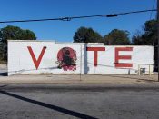 JoeKingATL (Joe Dreher) & Marryam Moma<br/>2020 - 2021<br/><span style= "font-size: 6pt">33.76332736300883, -84.4409366224252</span> Street Art Mural formerly in West Lake Atlanta by JoeKingATL (Joe Dreher) and Marryam Moma featuring "Vote" and Barak Obama