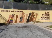Erica Chisolm<br/>2020 - 2024<br/><span style= "font-size: 6pt">33.75840388649887, -84.3712850443332</span> Street Art Mural formerly in Old Fourth Ward Atlanta by Erica Chisolm featuring fists and "say their names"