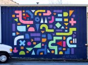 Kacie Rushton<br/>2020 - 2024<br/><span style= "font-size: 6pt">33.74365995557025, -84.43896902473855</span> Street Art Mural formerly in Westview Atlanta by Kacie Rushton featuring a colorful geometric pattern