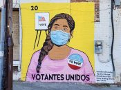 Andrea Rosales and Yuzly Mathurin<br/>2020 - 2021<br/><span style= "font-size: 6pt">33.75471550044428, -84.38034177706899</span> Street Art Mural formerly in Downtown Atlanta by Andrea Rosales and Yuzly Mathurin featuring a voter