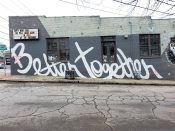 Xmaine (Jermaine Clark)<br/>2021 - 2021<br/><span style= "font-size: 6pt">33.74002289835388,-84.34681568294764</span> Street Art Mural formerly in East Atlanta Village by Xmaine (Jermaine Clark) Featuring "Better Together"