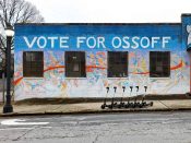 Angela Bortone<br/>2021 - 2021<br/><span style= "font-size: 6pt">33.75443001370249, -84.36439720230756</span> Street Art Mural formerly in Inman Park Atlanta by Angela Bortone featuring "Vote for Ossoff"