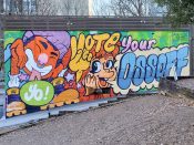 Oofster (Pierre Cerrato) & Killamari<br/>2021 - 2021<br/><span style= "font-size: 6pt">33.7819297402781, -84.38298581414841</span> Street Art Mural formerly in Midtown Atlanta by Killamari and Oofster featuring "Vote your Ossoff"