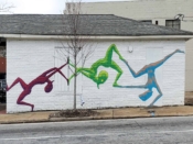 Adrian Barzaga<br/>2020? - 2024<br/><span style= "font-size: 6pt">33.70517696170849, -84.37849177424098</span> Street Art Mural formerly in Southeast Atlanta by Adrian Barzaga featuring three dancing figures