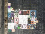 Sloppy George (George Long)<br/>2020 - 2023<br/><span style= "font-size: 6pt">33.714732914508296, -84.3478922549628</span> Parking Lot Mural formerly in Southeast Atlanta by Sloppy George featuring a quilt-like pattern