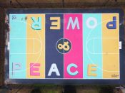 Chozen<br/>2020 - 2023<br/><span style= "font-size: 6pt">33.68823940293198, -84.42015947837042</span> Basketball Court Mural formerly in Jefferson Park Atlanta by Chozen featuring "power & peace"