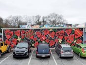 Rolf<br/>2021 - 2021<br/><span style= "font-size: 6pt">33.76646937119571,-84.34941675513983</span> Street Art Mural formerly in Little Five Points Atlanta by Rolf featuring hearts with sponsorship messages