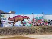 SKIE<br/>2017 - 2018<br/><span style= "font-size: 6pt">33.75377680964979, -84.3660362803848</span> Street Art Mural and graffiti piece formerly in Old Fourth Ward by SKIE featuring a dinosaur