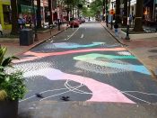 Niki Zarrabi<br/>2021 - 2022<br/><span style= "font-size: 6pt">33.7558829941724, -84.38917262243362</span> Crosswalk Mural formerly in Downtown Atlanta by Niki Zarrabi featuring an abstract pattern