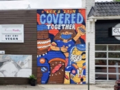 George F. Baker III<br/>2021 - 2024<br/><span style= "font-size: 6pt">33.7535104507491,-84.34941899094048</span> Street Art Mural formerly in Reynoldstown Atlanta by George F. Baker III featuring "Lets Stay Covered Together"