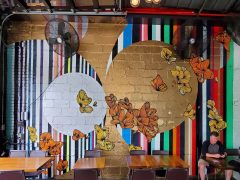 Lela Brunet<br/>2021 - 2025<br/><span style= "font-size: 6pt">33.76301379680769, -84.3577585710403</span> Street Art Mural in Inman Park Atlanta by Lela Brunet featuring a gold circle