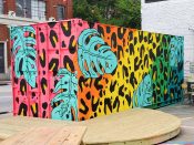 Arrrtaddict<br/>2021 - 2022<br/><span style= "font-size: 6pt">33.77359587266054, -84.36427938412444</span> Street Art Mural formerly in Virginia-Highland Atlanta by Arrrtaddict featuring leaves and an animal pattern