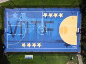 aveladesign<br/>2021 - 2021<br/><span style= "font-size: 6pt">33.66860793323378, -84.4724400127697</span> Basketball Court Mural formerly in Sykes Park Atlanta by aveladesign featuring "vote" and the atlanta skyline