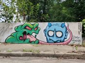 Dusty Persona (Justin Councill)<br/>2021 - 2022<br/><span style= "font-size: 6pt">33.736556097252105, -84.3592217999962</span> Street Art Mural formerly in Grant Park Atlanta by Dusty Persona (Justin Councill) featuring two monsters