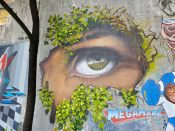 Julio Ceballos<br/>2019 - 2022<br/><span style= "font-size: 6pt">33.75203646841102, -84.3643171209893</span> Street Art Mural formerly in Cabbagetown Atlanta by Julio Ceballos featuring an eye