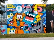 Greg Mike<br/>2021 - 2023<br/><span style= "font-size: 6pt">33.75245179072638, -84.36260707634646</span> Street Art Mural formerly in Cabbagetown Atlanta by Greg Mike featuring a mash-up of characters