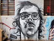 Chris Veal<br/>2021 - 2025<br/><span style= "font-size: 6pt">33.75113988371782, -84.39400083237675</span> Street Art Mural formerly in SW Downtown Atlanta by Chris Veal featuring Chuck Close