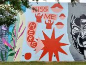 Maddy Barreto<br/>2021 - 2022<br/><span style= "font-size: 6pt">33.75242279126674, -84.3629322417223</span> Street Art Mural formerly in Cabbagetown Atlanta by Maddy Barreto featuring "kiss me here" in Cabbagetown Atlanta