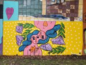 Monica Alexander<br/>2021 - 2024<br/><span style= "font-size: 6pt">33.751043169163644, -84.367488317926</span> Street Art Mural formerly in Cabbagetown Atlanta by Monica Alexander featuring two connected women