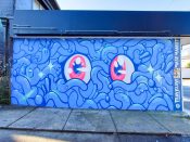 Travis Love<br/>2021 - 2022<br/><span style= "font-size: 6pt">33.76462258436748,-84.35002471137744</span> Street Art Mural formerly in Little Five Points Atlanta by Travis Love featuring two eyes surrounded by squiggles