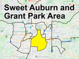 Map of street art, murals, and graffiti in the Atlanta neighborhoods of Sweet Auburn, Grant Park, and Summerhill