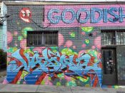 VAYNE<br/>2022 - 2024<br/><span style= "font-size: 6pt">33.76477128059235, -84.35041260384001</span> Graffiti piece formerly in Little Five Points Atlanta by VAYNE featuring green and pink bubbles