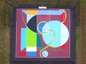 Ash McNamara<br/>2022 - 2022<br/><span style= "font-size: 6pt">33.73228013849107, -84.41188821397303</span> Basket Ball Court mural formerly in Adair Park Atlanta by Ash McNamara featuring an abstract pattern