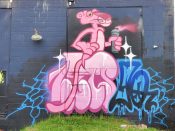 Letsgopaint (Matt Letrs)<br/>2022? - 2024<br/><span style= "font-size: 6pt">33.68844324432901, -84.4399893374196</span> Street Art Mural formerly in East Point Atlanta by Letsgopaint (Matt Letrs) featuring the Pink Panther