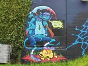 Chris Makes Art (Chris Wright)<br/>2022? - 2024<br/><span style= "font-size: 6pt">33.68844324432901, -84.4399893374196</span> Street Art Mural formerly in East Point Atlanta by Chris Makes Art (Chris Wright) featuring a blue devil