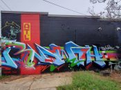 Skape Zilla<br/>2022? - 2024<br/><span style= "font-size: 6pt">33.68844324432901, -84.4399893374196</span> Graffiti piece formerly in East Point Atlanta by Skape Zilla featuring "BNDWTH"