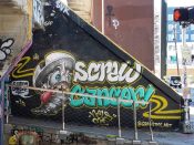 Nels Guzman<br/>2018 - 2018<br/><span style= "font-size: 6pt">33.75342598106692, -84.36389943779545</span> Street Art Mural formerly in Inman Park Atlanta by Nels Guzman featuring "screw cancer"