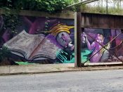 VAYNE, Unoe, & @dazetn<br/>2022 - 2023<br/><span style= "font-size: 6pt">33.72831411042269, -84.36376600610252</span> Graffiti Piece formerly on the BeltLine in Grant Park Atlanta by VAYNE, Unoe, and @dazetn featuring a book and a spray can cap