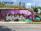 VAYNE, Unoe, & @dazetn<br/>2022 - 2023<br/><span style= "font-size: 6pt">33.72831411042269, -84.36376600610252</span> Graffiti Piece formerly on the BeltLine in Grant Park Atlanta by VAYNE, Unoe, and @dazetn featuring a book and a spray can cap