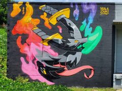 Street Art Mural formerly in Reynoldstown Atlanta by Yoyocam (Cameron Moore) featuring two Swords