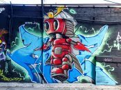 Armondo Monoletti<br/>2022? - 2025<br/><span style= "font-size: 6pt">33.764589935936726, -84.34986906578534</span> Street Art Mural formerly in Little Five Points Atlanta by Armondo Monoletti featuring a red robot