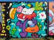 Killamari<br/>2022 - 2023<br/><span style= "font-size: 6pt">33.75250834555188, -84.36237821301884</span> Street Art Mural formerly in Cabbagetown Atlanta by Killamari featuring anthropomorphic food