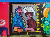 Chris Wright<br/>2022 - 2023<br/><span style= "font-size: 6pt">33.75249496489078, -84.3624311866452</span> Street Art Mural formerly in Cabbagetown Atlanta by Chris Wright featuring a man painting with a roller