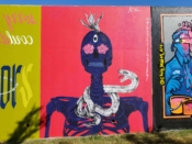 Noe' Alarcon<br/>2022 - 2023<br/><span style= "font-size: 6pt">33.75248548692126, -84.36247007867468</span> Street Art Mural formerly in Cabbagetown Atlanta by Noe' Alarcon featuring a skeleton and a snake