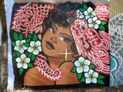 Wes Holland<br/>2022 - 2023<br/><span style= "font-size: 6pt">33.75184017481867, -84.36499762274514</span> Street Art Mural formerly in Cabbagetown Atlanta by Wes Holland featuring a woman and flowers