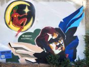 Tom Davii and Rojer Parrilla<br/>2022 - 2023<br/><span style= "font-size: 6pt">33.75173953333357, -84.365444364486</span> Street Art Mural formerly in Cabbagetown Atlanta by Tom Davii and Rojer Parrilla featuring a face and wings